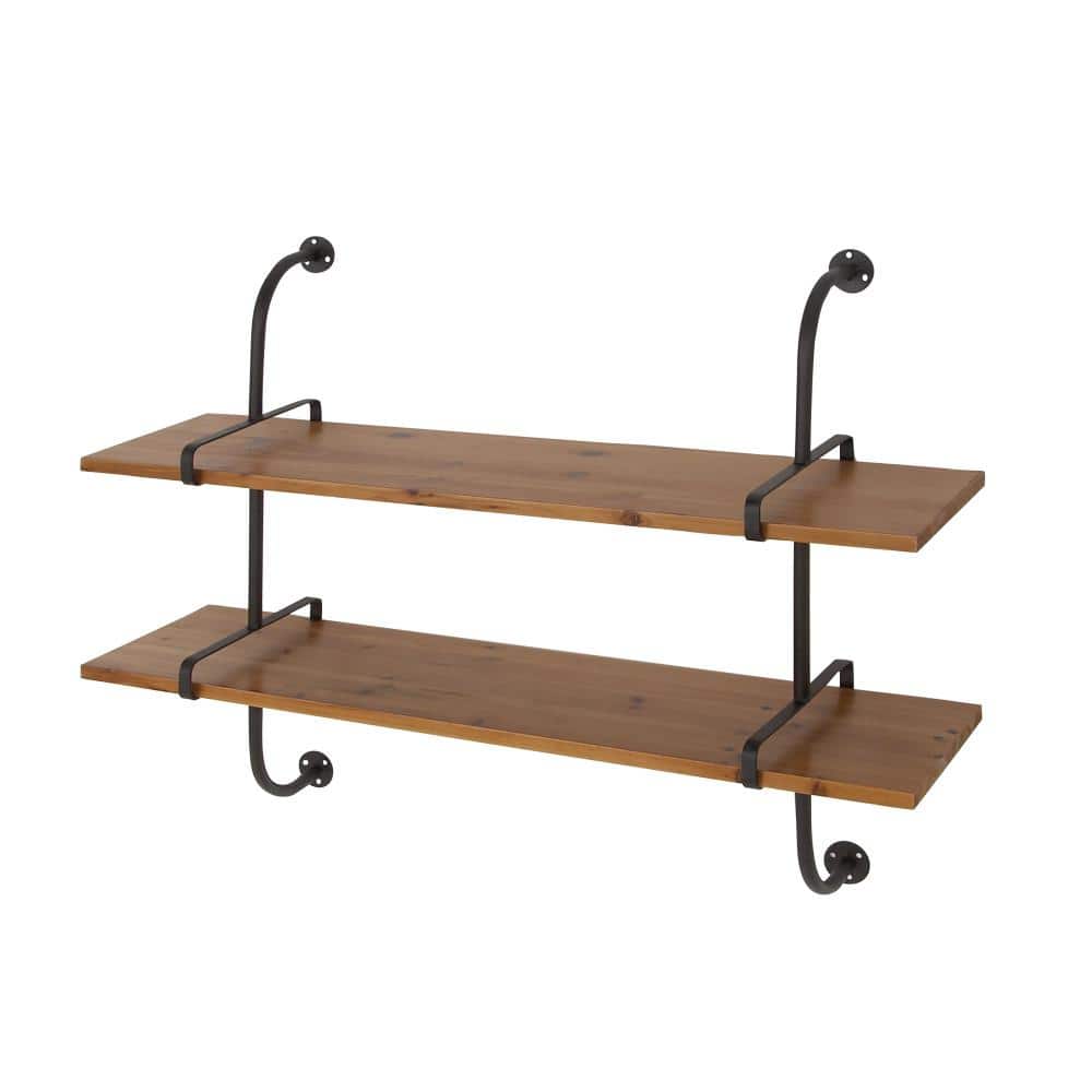 Brown Iron and Fir Wood 2-Tier Wall Shelf, 37" x 29"