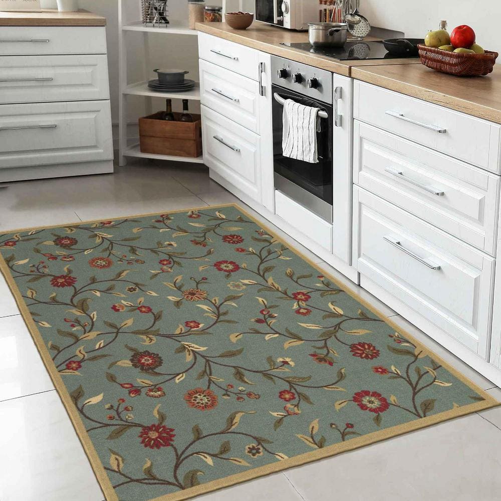 Seafoam Green Floral Non-Slip Washable Area Rug 3'3" x 5'