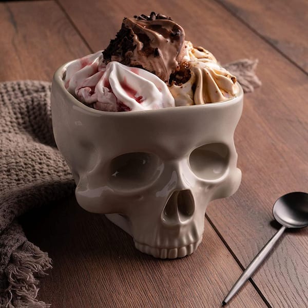 Wudkey 5 in. 17 fl. oz. White Ceramic Skull Shaped Bowl, Gothic