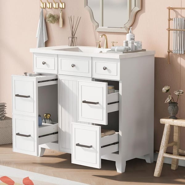 Unbranded 36 in. W x 18 in. D x 34.3 in. H Single Freestanding Bath Vanity in White with White Resin Top