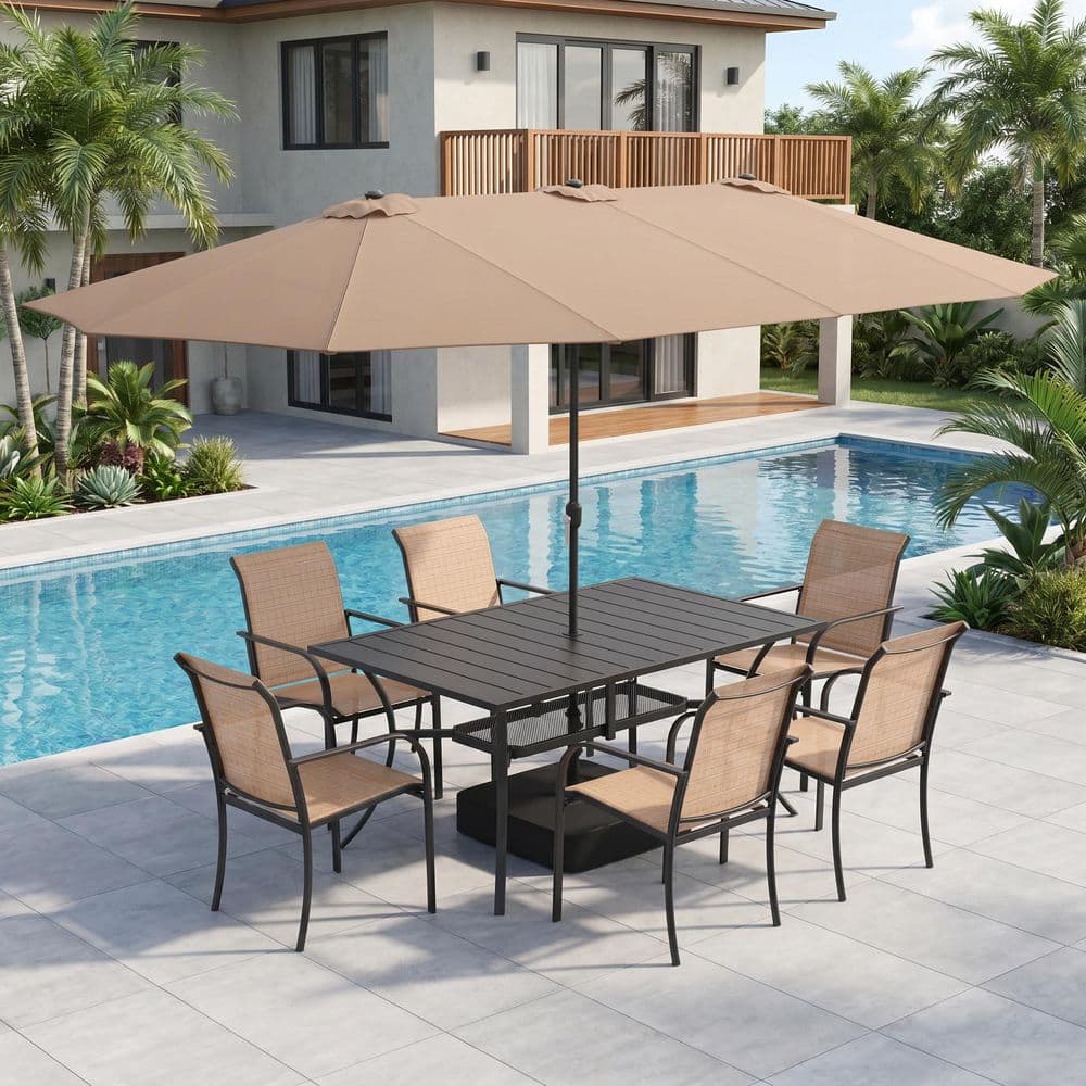 8-Piece Metal Outdoor Dining Set with 59.2 in. Rectangle Table, 6 Stackable Textilene Chairs in Brown and Beige Umbrella price history on PriceWatchPro
