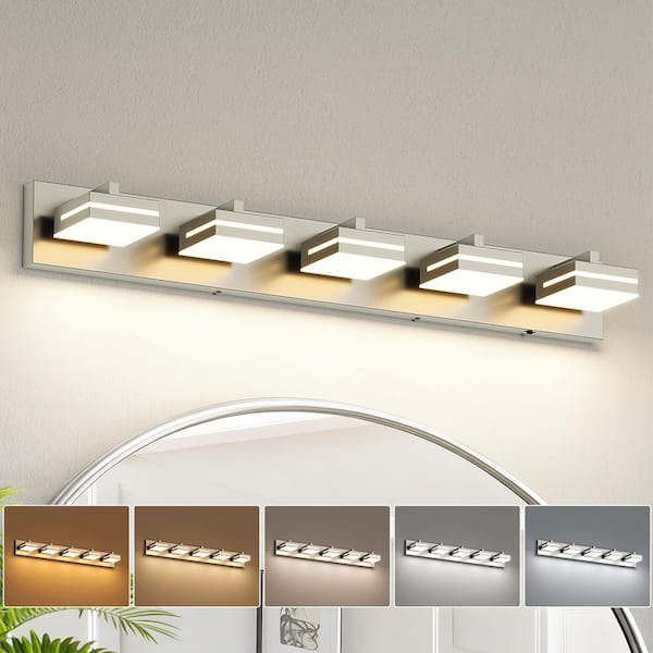 33.86 in. 5-Light Nickel LED Bathroom Vanity Light with 5-CCT Adjustable Switch and Acrylic Lampshade