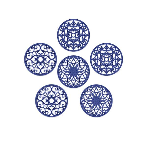 7.8 in. Navy Blue Silicone Multi-Use Carved Trivet Set, Non-Slip Kitchen Mats for Hot Pots and Countertops (Set of 6)