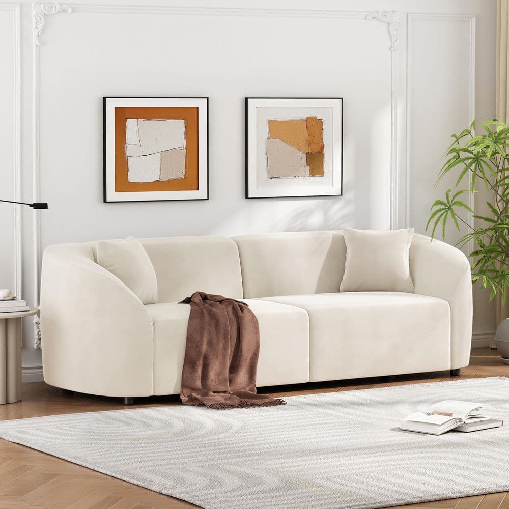 Streamlined Design 87.5 in. Velvet Fabric Flared Arm Rectangle 3-Seater Sofa in Beige with Plush Seating, 2 Pillows price history on PriceWatchPro