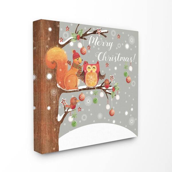 Stupell Industries 17 in. x 17 in."Holiday Merry Christmas Woodland Animals Squirrel and Owl in a Tree" by Artist P.S. Art Canvas Wall Art