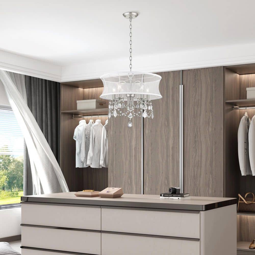 Newcastle Brushed Nickel 5-Light Chandelier with Crystal Drops and Silk Shade