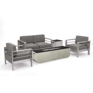 Cape Coral Silver 4-Piece Metal Patio Fire Pit Seating Set with Khaki Cushions