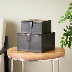 Square Leather Storage Box with Snap Front Closure and Detailed Stitching (Set of 2)