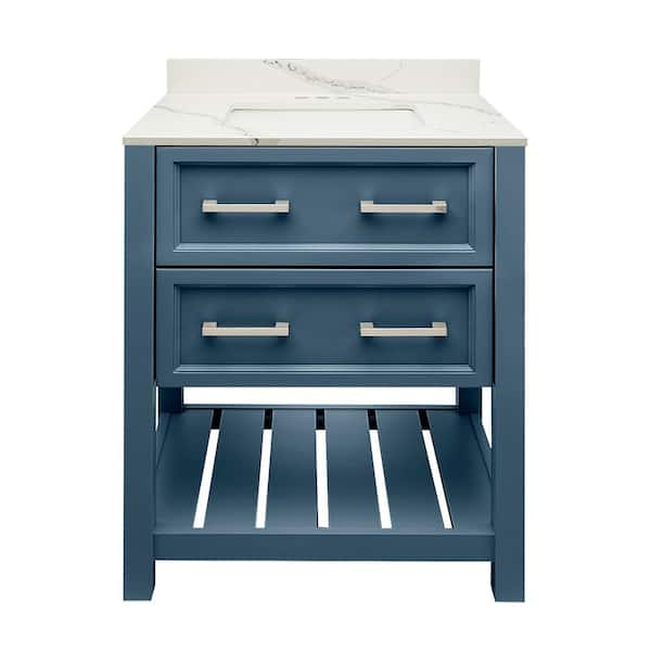 Amluxx Milan 25 in. W x 19 in. D x 36 in. H Bath Vanity in Navy Blue with Quartz Stone Vanity Top in White Calacatta