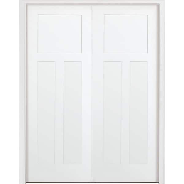 Steves & Sons 60 in. x 80 in. 3-Panel Mission Shaker White Primed Solid Core Wood Double Prehung Interior Door with Bronze Hinges