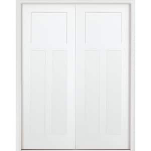 60 in. x 80 in. 3-Panel Mission Shaker White Primed Solid Core Wood Double Prehung Interior Door with Nickel Hinges