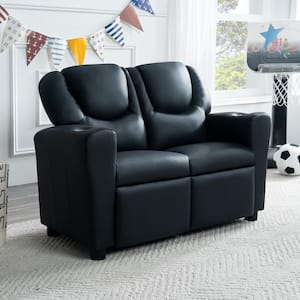 Black Recline, Relax, Rule Kids' Comfort Champions, Push Back Kids Loveseat with Footrest & Cup Holders, PVC Fabric