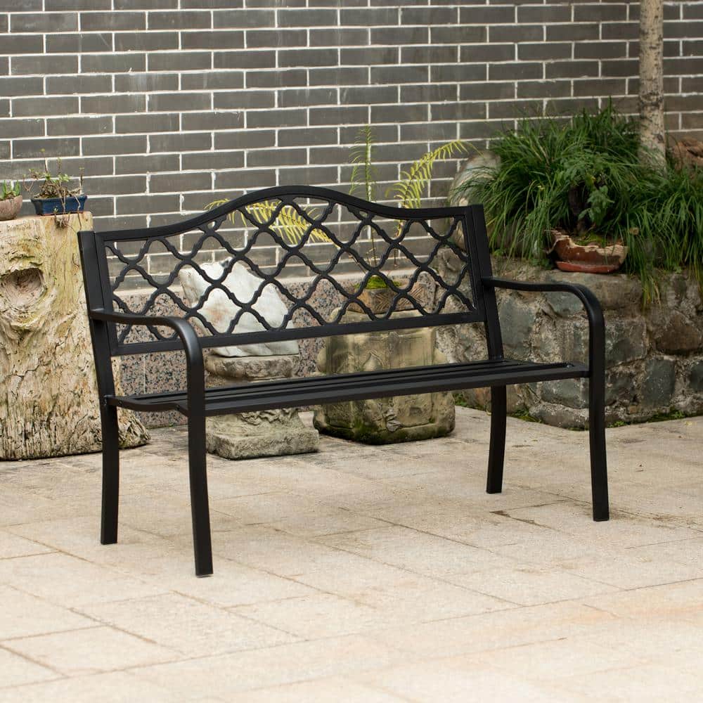 Black Steel and Cast Iron Outdoor Patio Bench