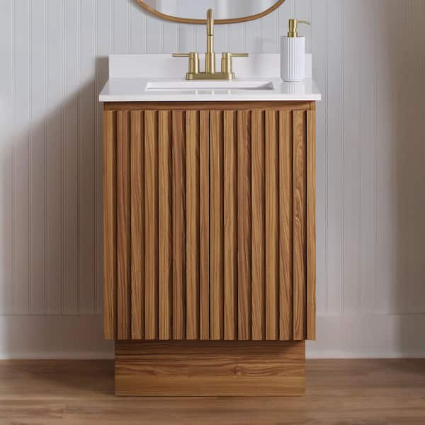 Precine 25 in. Single Sink Natural Teak Bath Vanity with White Cultured Marble Top (Assembled)