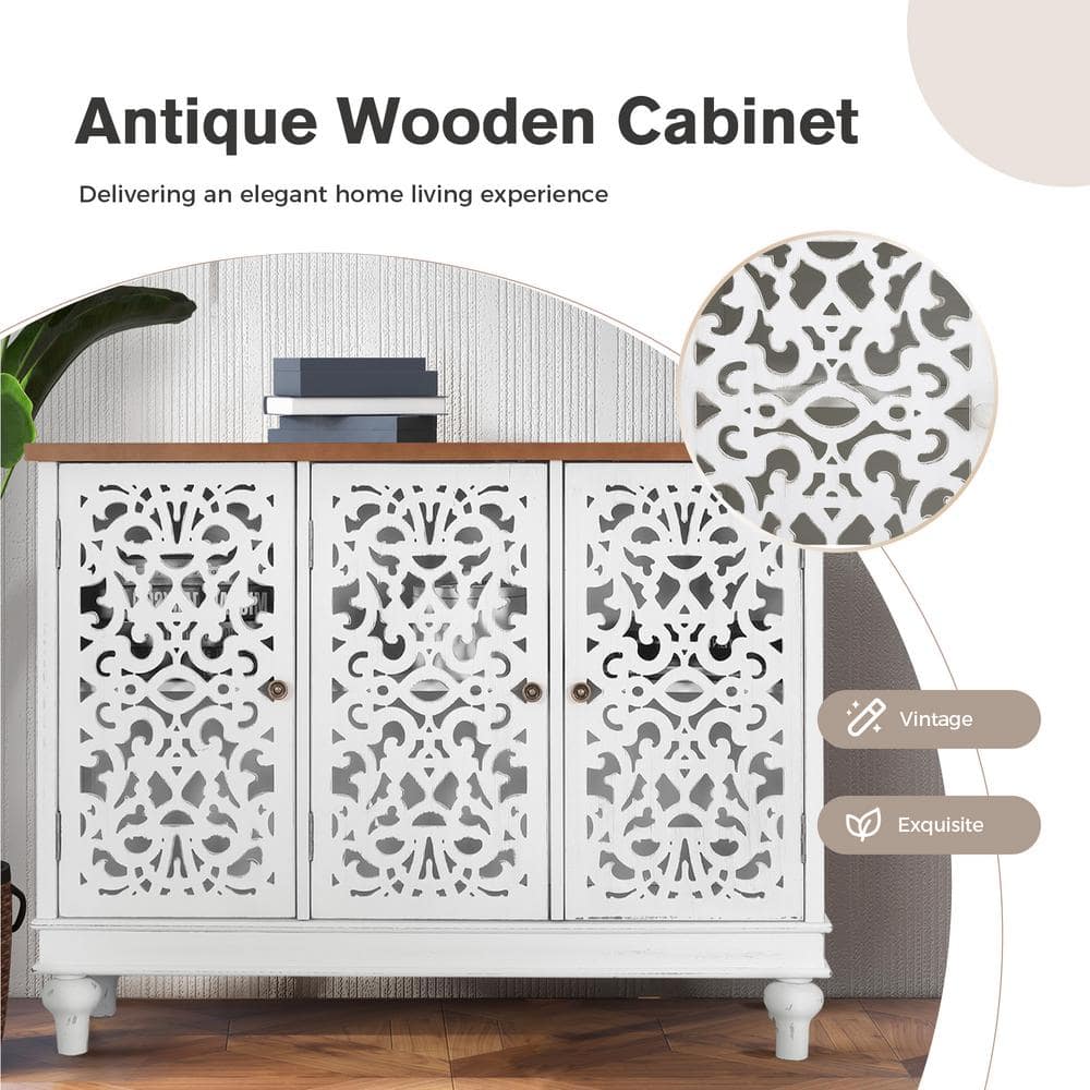 White 3-Door Carved Wood Sideboard with Adjustable Shelving