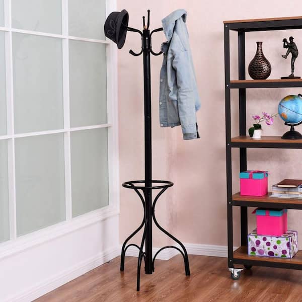 Clihome Black 74.4 in. H Modern Freestanding Metal Coat Rack with 2-Tier Hooks, Umbrella Holder and Stable Triangle Base