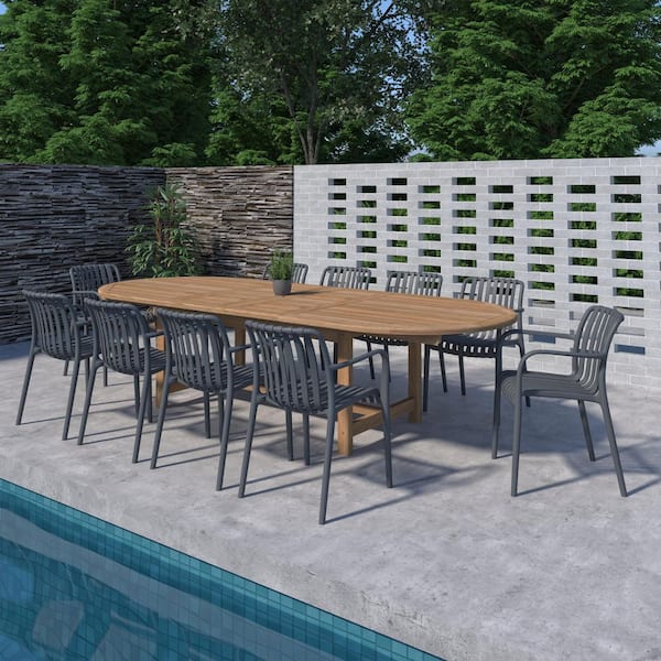 Amazonia Elmina 11-Piece Solid Teak Wood 100% FSC Oval Patio Dining Set Grey