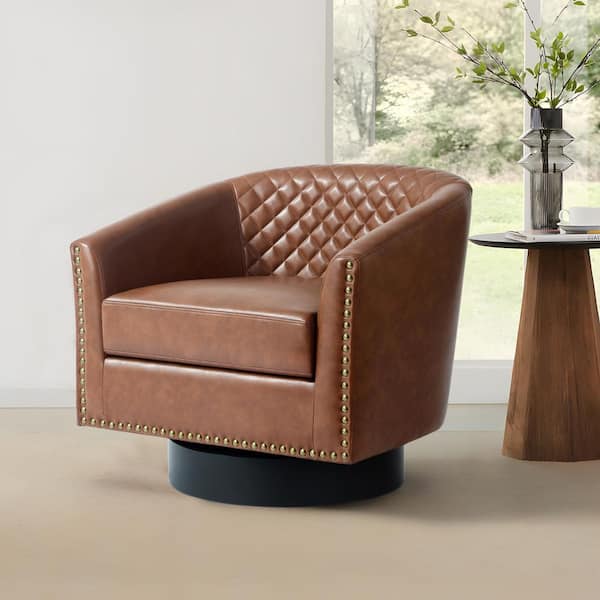 Brown PU Leather Upholstered 360° Swivel Arm Chair with Nailhead Trim (Set of 1)