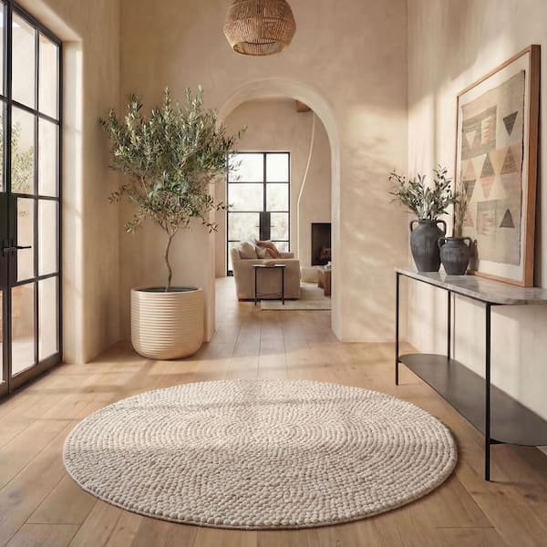 Natura 9 ft. x 9 ft. Round Beige/Ivory Textured Solid Area Rug