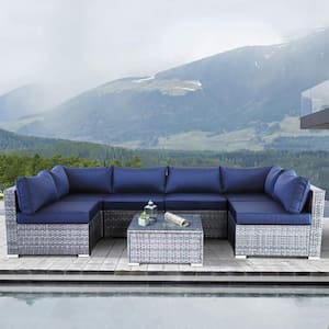 7-Piece Wicker Outdoor Sectional Patio Conversation Set with Navy Blue Cushions and Tempered Glass Table
