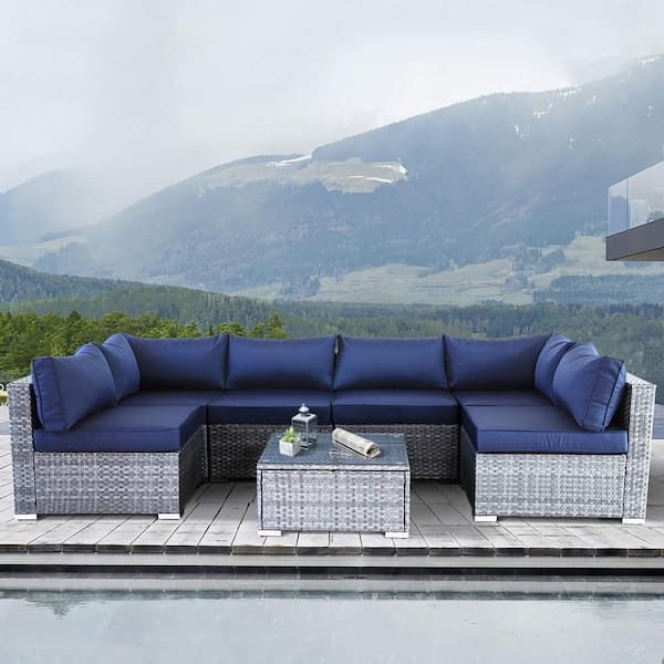 Sudzendf 7-Piece Wicker Outdoor Sectional Patio Conversation Set with Navy Blue Cushions and Tempered Glass Table