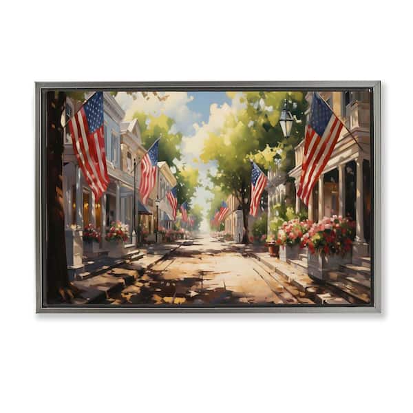 Stupell Industries American Flag Lined Street by Arlington Prints Gray Floater Frame Country Graphic Art Print 17 in. x 25 in.