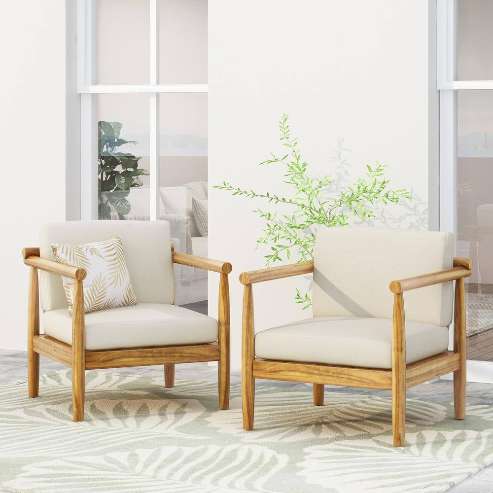 Teak Wood Outdoor Lounge Chairs with Cream Cushions, Set of 2