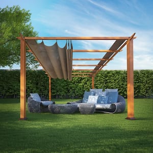 Florence 11 ft. x 11 ft. Wood Grain Aluminum Pergola in Canadian Cedar and Cocoa Convertible Canopy