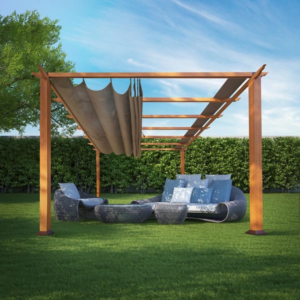 Paragon Outdoor Florence 11 ft. x 11 ft. Wood Grain Aluminum Pergola in Canadian Cedar and Cocoa Convertible Canopy