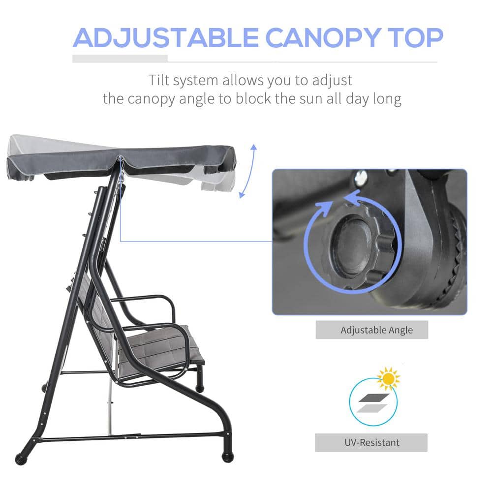 Gray Steel Trio-Seating Outdoor Swing Chair with Canopy
