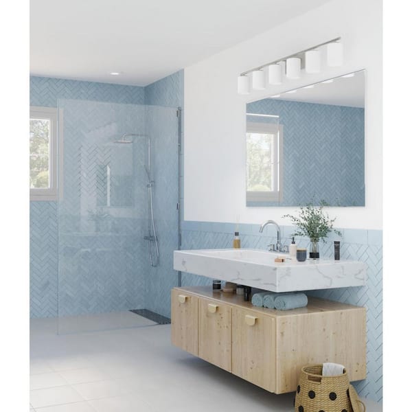 Replay Collection 48 in. 6-Light Polished Nickel Vanity Light Etched White Glass Modern Bath Light
