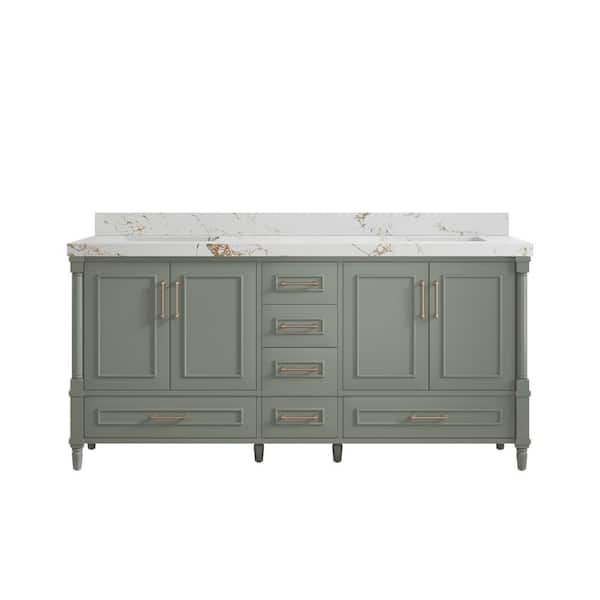 Willow Collections Hudson 72 in. W x 22 in. D x 36 in. H Double Sink Bath Vanity in Evergreen with 2 in. Viola Gold Quartz Top