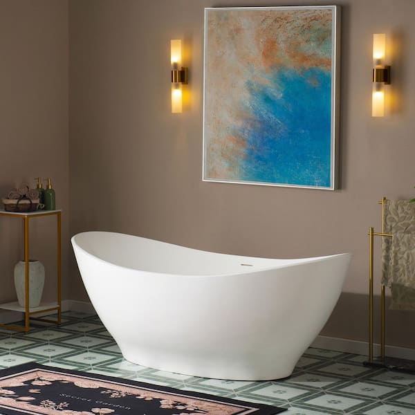 67 in. L x 31.5 in. W Solid Surface Stone Resin Freestanding Soaking Bathtub with Center Drain in Matte White