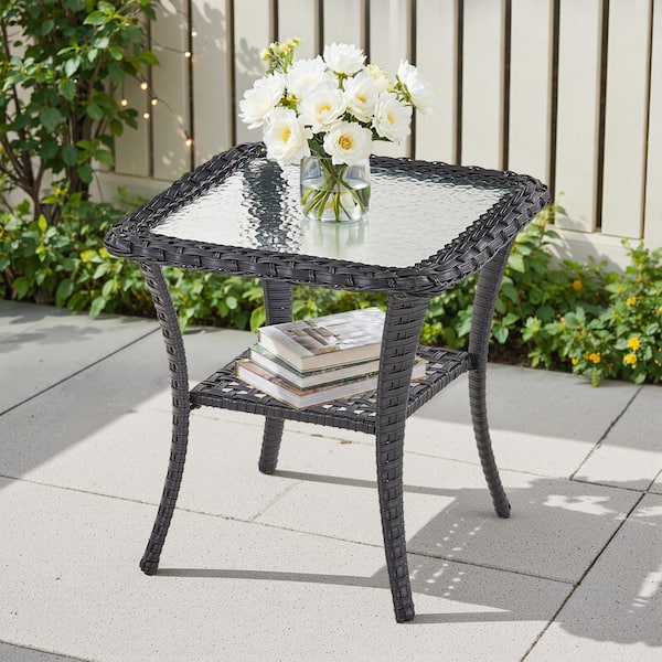 Gymojoy Carlos Black Wicker Outdoor Patio Coffee Table Square Side ...