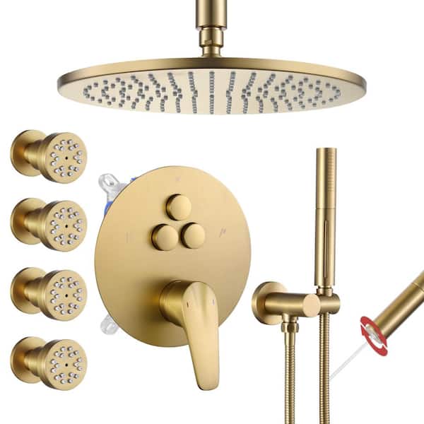 Vanfoxle Single Handle 1-Spray 3 Spray Patterns Shower Faucet 1.8 GPM with Pressure Balance, 10 in. Shower Head Brushed Gold