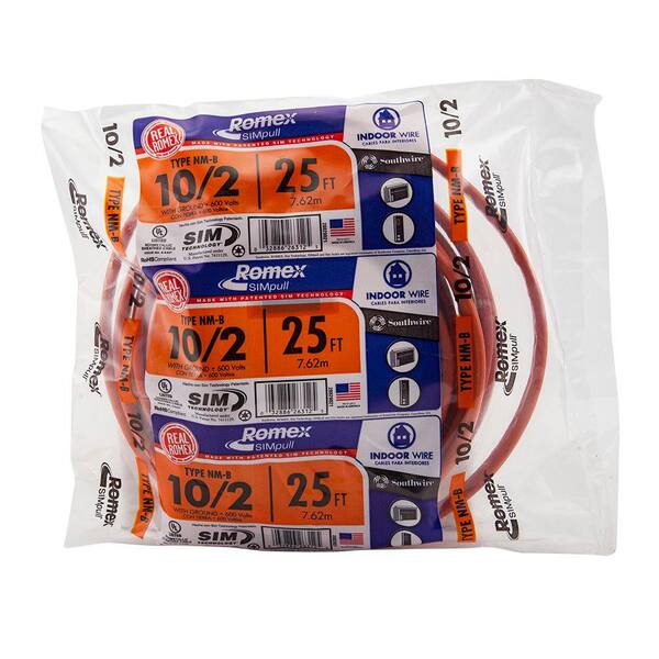 25-Ft Roll 10-2 AWG NM-B Gauge Indoor Electrical Copper Wire Ground Romex Cable 