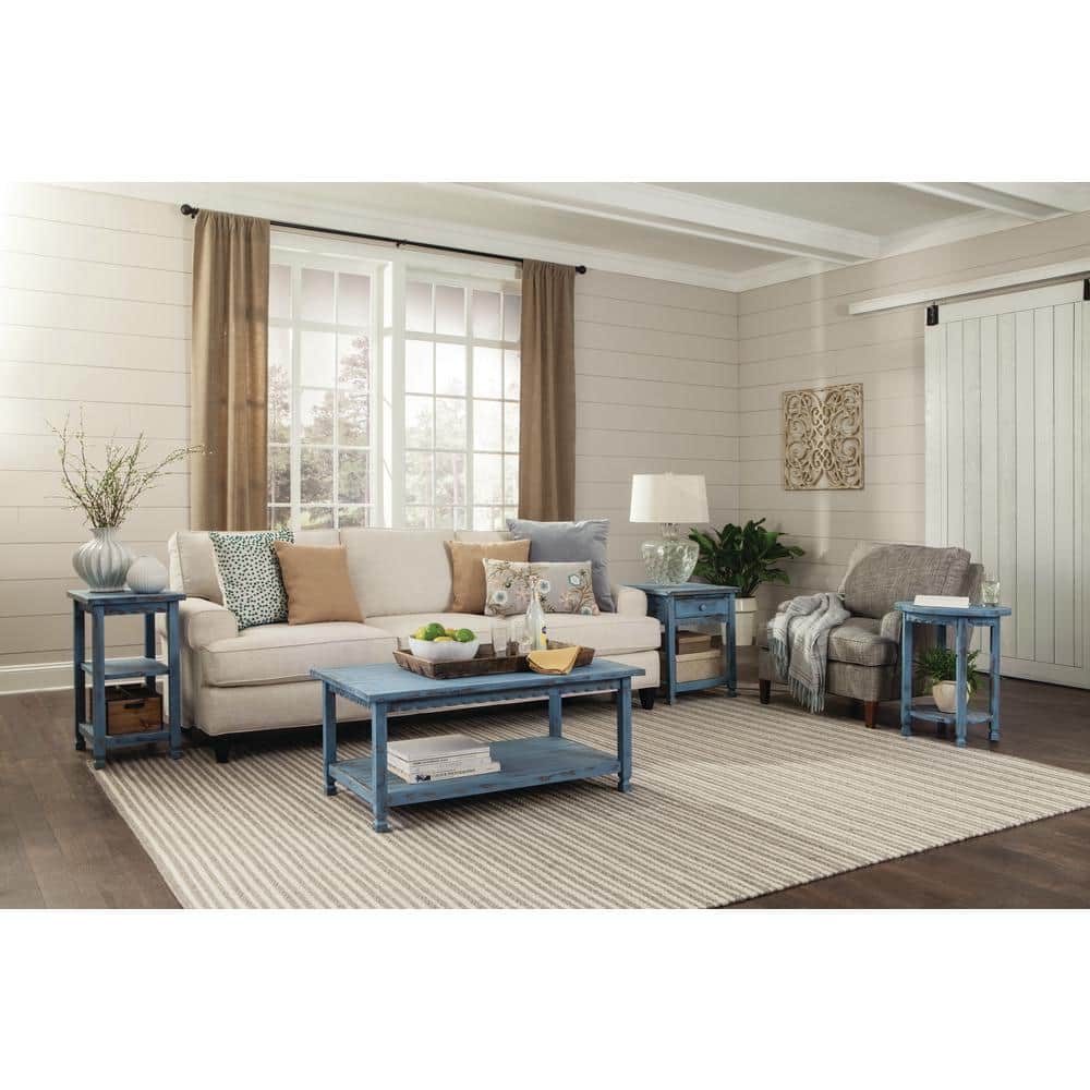Rustic Blue Antique Wood End Table with Storage