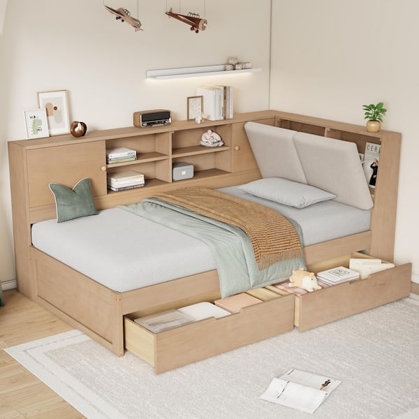 Evren Natural Color Full Size L-Shaped Corner Daybed with Headboard, Drawers, Shelves, Cabinet, USB Ports, Wood