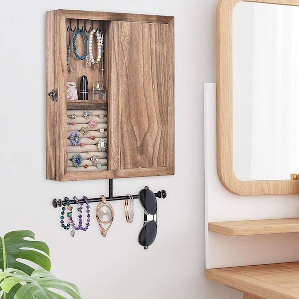 Carbonized Black 13 in. x 15.7 in. Wood Rustic Wall Mount Jewelry Organizer