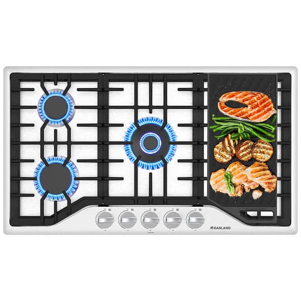 GASLAND 36 in. NG/LPG Convertible Gas Cooktop in Stainless Steel with 5-Burners and Reversible Cast Iron Grill/Griddle