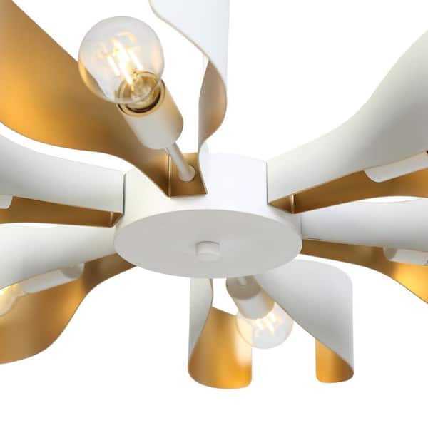 Contemporary 31.4 in. 6-Light White and Gold Chandeliers, Artistic Round Bedroom Chandelier Lighting with Petal Shade