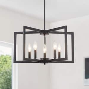 5 Light Matte Black Geometric Chandelier Industrial Open-Cage Pendant Light for Kitchen Island with No Bulbs Included