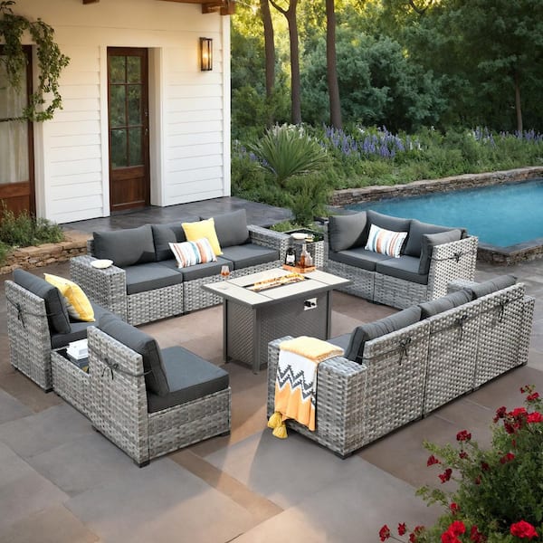XIZZI Beatrice 13-Piece Wicker Patio Rectangle Fire Pit Conversation Set with Black Cushions
