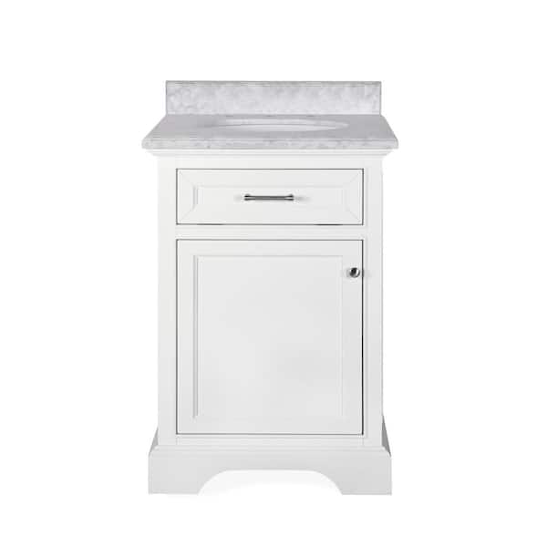 Windlowe 24 in. White Bath Vanity with Carrara Marble Top and 24 in. White Framed Mirror Combo