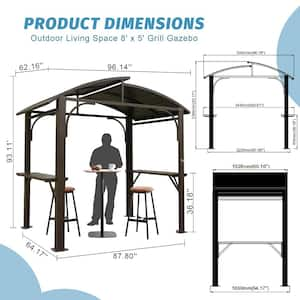 8 ft. x 5 ft. Brown Galvanized Steel Arc Roof Outdoor Patio BBQ Gazebo with Hardtop and 2 Side Shelves