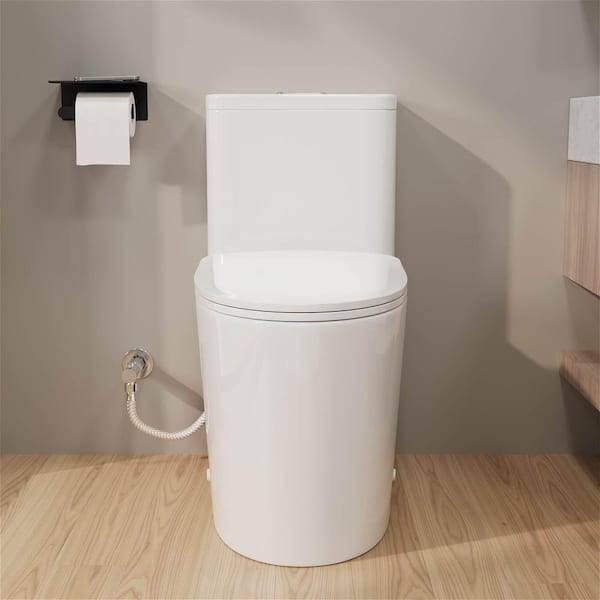 1-Piece 1.0/1.28 GPF High Efficiency Dual Flush Elongated ADA Chair Height Toilet in Gloss White Soft-Close Seat