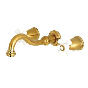 Vintage 2-Handle Wall Mount Bathroom Faucet in Brushed Brass