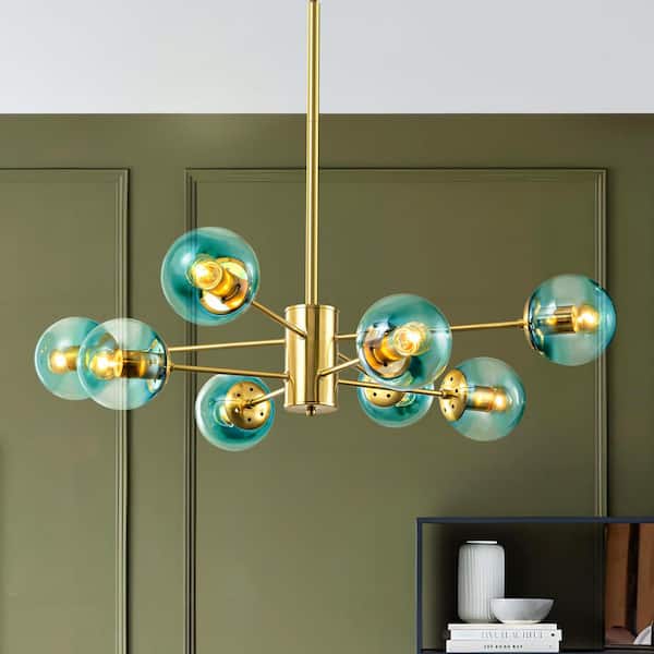 Rae 36.2 in. W 8-Light Gold Dimmable Blue Sputnik Bubble Modern Linear Chandelier