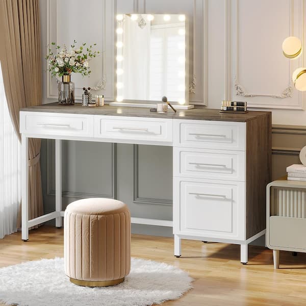 BYBLIGHT Helotes 1-Piece White and Gray Makeup Vanity Desk with 5-Drawers for Bedroom