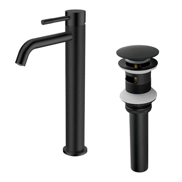 Single Handle Bathroom Vessel Sink Faucet with Pop-Up Drain Brass Single Hole High Tall Vanity Basin Taps in Matte Black